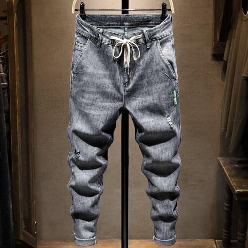 Spring Summer Grey Jeans Men Slim Pencil Pants Fashion Ripped Ankle Length Denim Trousers Zipper Cotton Elastic Boyfriend Style