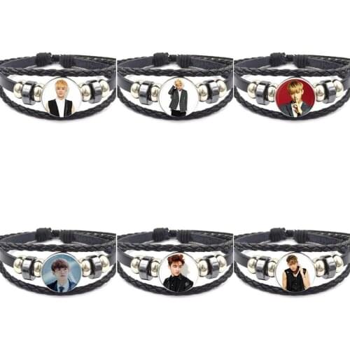 EJ Glaze Exo For Women Men Party Fashion Glass Cabochon Black Leather Bracelet Bangle