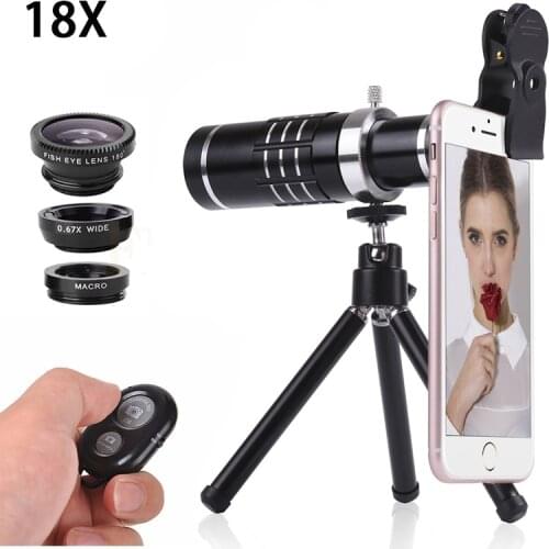 Mobile phone Lenses Kit 18X Optical Lentes Telephoto Zoom lens Telescope Microscope Fisheye Wide Angle Macro lens For Smartphone