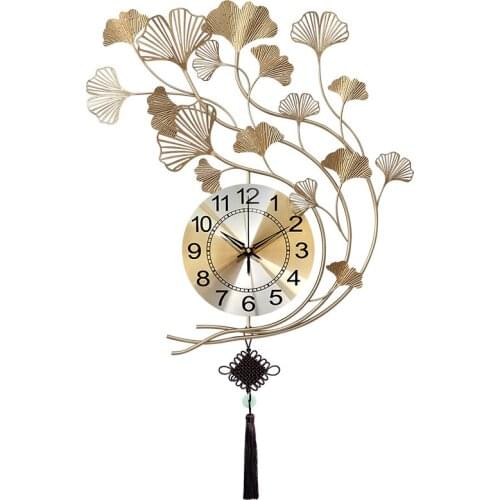 Chinese wall clock, living room wall clock, household atmosphere wall clock, light luxury clock fashion gingko leaf clock