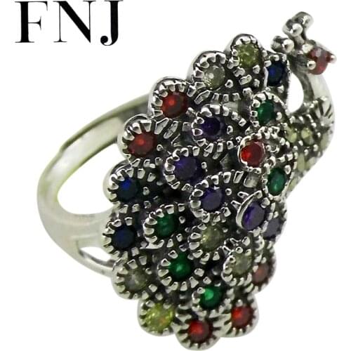 FNJ Colorful Zircon Peacock Rings 925 Silver Adjustable Size Popular S925 Solid Silver Ring for Women Jewelry Fine MARCASITE