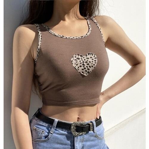 Patchwork Brown Cute Tops Women Leopard Heart Patches Vintage Cute Clothes Sleeveless Sexy Y2K Tank Top Woman Shirts