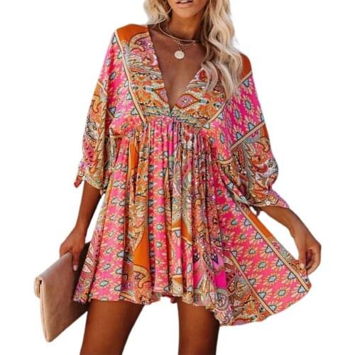 Deep V Neck Mini Dress Women Pleated Hem 3/4 Sleeve Print A-Line Tunic Dress Streetwear Casual Womens Clothing 2021 Red xxl