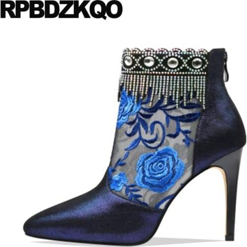 Stiletto Embroidered Booties Floral Print Pointed Toe Embroidery High Heel Luxury Brand Shoes Women Boots Ankle Flower Printed