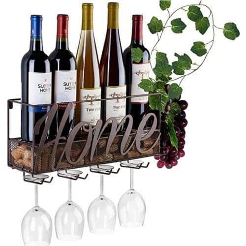 Wall Mounted Wine Rack Bottle & Goblet Holder Cork Storage Store,Red White Champagne Iron Storage Shelf Home Kitchen Bar Deco