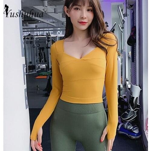 Autumn New Gym Women long Sleeve Sport Shirts Quick Dry Deep V-neck Fitness workout Tops thumb buckle Tight Yoga Tops With pad