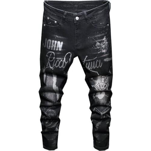 New mens male trousers Original design American small straight stretch jeans letter print black slim trendy denim pants 3003