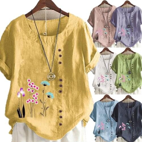 New Women Summer Casual Flowers Print Loose T-shirts Vintage Round Neck Plus Size Short Sleeve Blouse Tops S-5XL