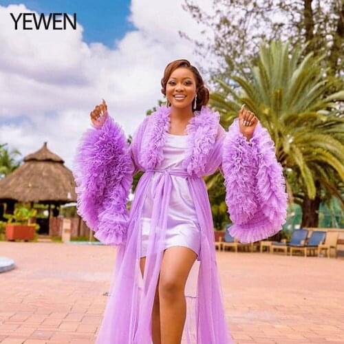 Long Sleeves Sheer Evening Robe V Neck Ruffles Maternity Gowns for Photo Shoot Maxi Dress 2021 YEWEN