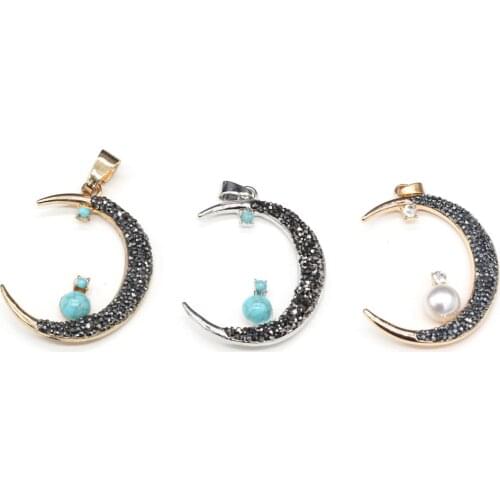 Crescent Zinc Alloy Pendant Shiny Artificial Diamonds Metal Turquoises Stone Pearl Charm Accessories for Jewelry Making Necklace