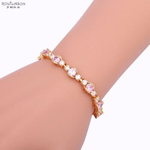 ROLILASON Golden Bracelets for Wedding Pink Crystal Excellent Gold Tone Zircon Charm Bracelets Fashion jewelry TBS988