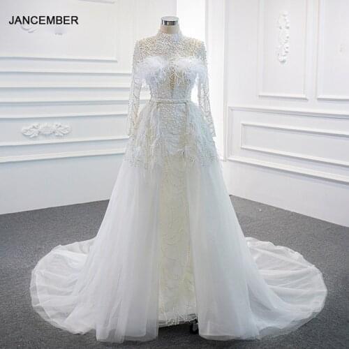 RSM67052 White Sexy Pearl Decoration Applique Print Wedding Dress 2021 Long Sleeve Tassel Embellishment And Floor Dress