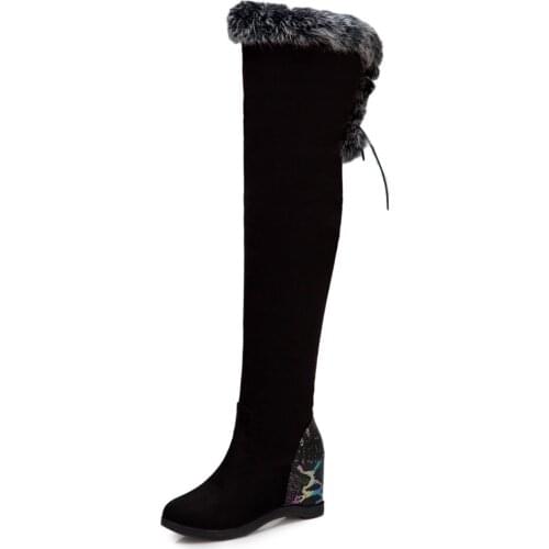 Increased Faux Rabbit Fur Trim In The Wedge Heel Over-The-Knee Boots Flock Side Zipper Laces Snake Print Heel Boots Faux Fur