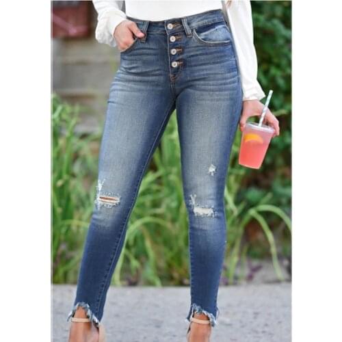 Blue Jeans Hole Tassel Button Mid Waist Slim Small Feet Pants Ripped Jeans Women Office Lady Casual Fit 2021 New Fashion