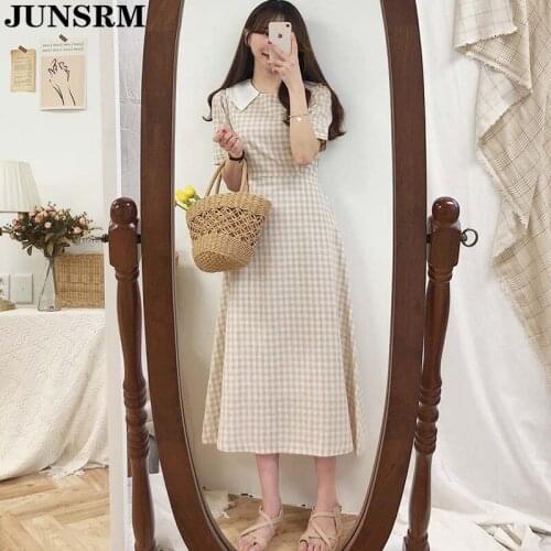 Vintage Plaid Girl Dress Plus Size Summer New 2020 Short Sleeve Cotton Long Dress Female Oversize Boho Women Dresses Vestidos