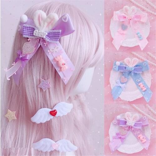 Handmade Lolita Kawaii Rabbit Bow Hair Pin Headwear Side clip Girl Hair Clip Headdress D595