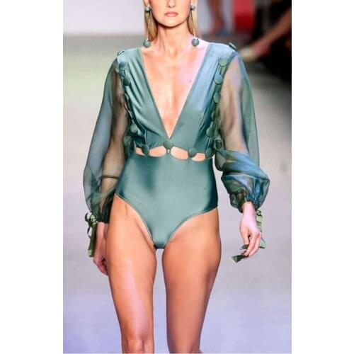 Womens Plunge Cutout Monokini One-Piece Swimsuit See Through Long Sleeve Swimwear Mesh Bating Suits