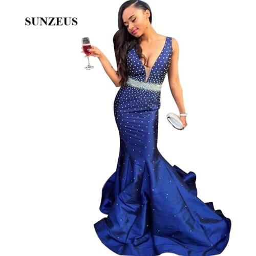 Pearls Beaded Prom Dress Sleeveless V-neck Mermaid Party Gowns Long Royal Blue Taffeta Women Dress For Prom