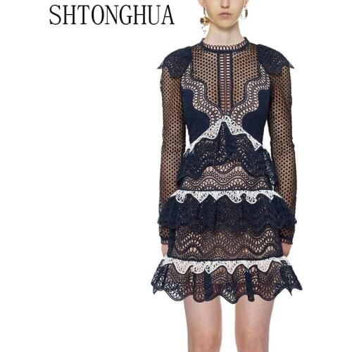 SHTONGHUA Self-Portrait Lace Cake Women Short Dress Runway Autumn Long Sleeve Layers Ruffles Patchwork Slim Hollow Out Dress