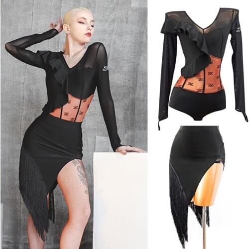 Latin Dance Costumes Long Sleeve Tops Fringe Skirt Sexy Samba Tango Dance Wear Women Latin Performance Practice Dress VDB3375