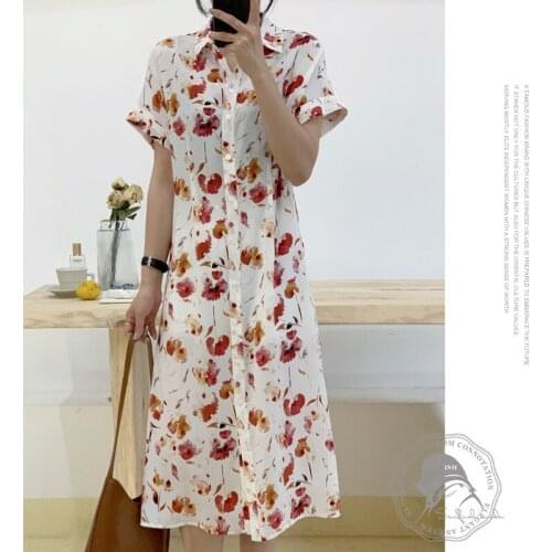 Beautiful Halo Dyed Flowers Show Thin Raglan Short Sleeve slim high grade Mulberry Silk Shirt dress women Long Skirt one-piece