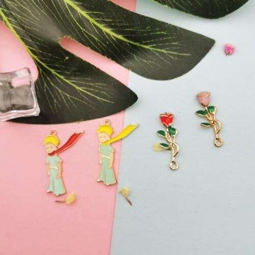 10pcs Little Prince & Rose Enamel Charms Cartoon Boy Flower Pendants Fit Jewelry Making Fashion Earring Bracelet Floating YZ806