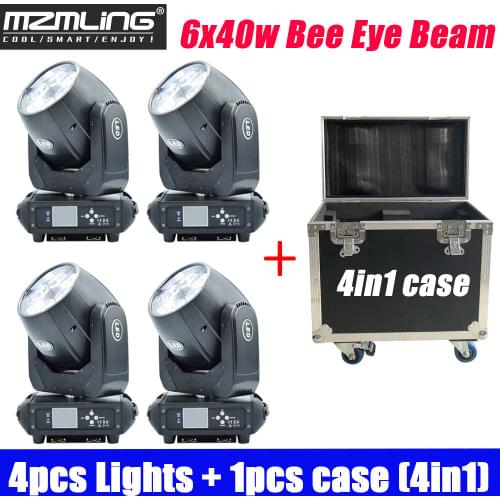 4PCS Lights + 1PCS Flight Case 6x40w Bee Eye Beam Light DMX512 Zoom/Rotate Moving Head Light DJ /Bar /Party /Show /Stage Light