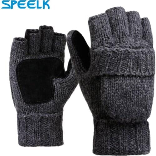 Brand New Woollen Knitted Gloves Half Finger Flip Men Women Winter Wool Glove Velvet Thick Leather Warm Outdoor Riding Gloves