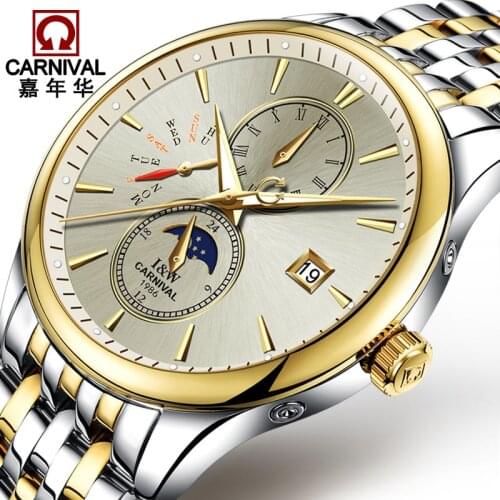CARNIVAL Fashion Business Mens Watches Top brand luxury Moon phase Automatic Watch men Multifunction Luminous Mechanical watches
