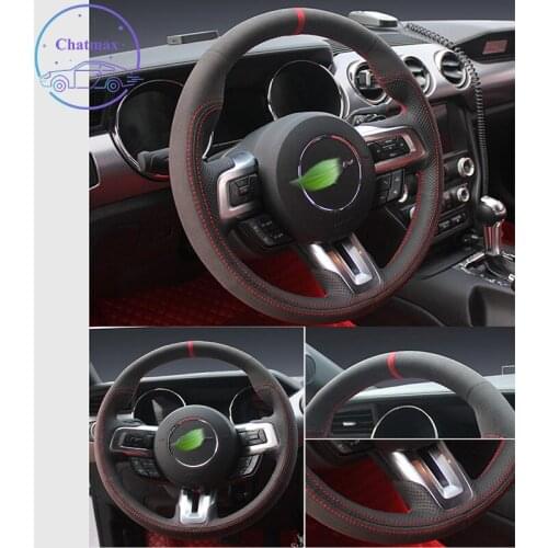 Embroidery Steering Wheel Cover for Ford Mustang 2010 2011 2015 2016-2021 Suede Leather Hand Sewing Wrap DIY Stitchwork Holder