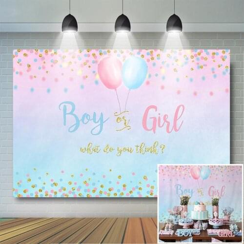 Boy or Girl Gender Reveal Backdrop Blue Pink Gold Dots Balloon Photography Background Gender Reveal Baby Shower Party Banner