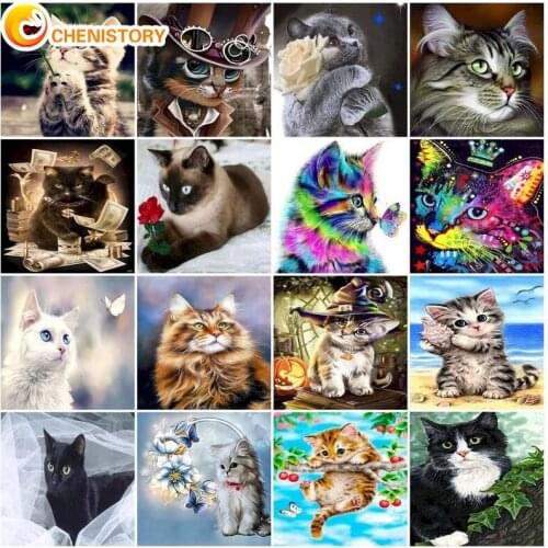 CHENISTORY DIY Diamond Painting Full Square Cat Cross Stitch 5D Diamond Embroidery Bead Picture Kits Animals Sale Wall Decor Art