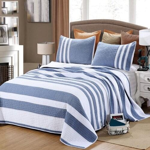 CHAUSUB Stripe Quilt Set 3PCS Cotton Quilted Bedspreads for Bed with 2 Pillowcase Queen Size Blue Coverlert Summer Blanket
