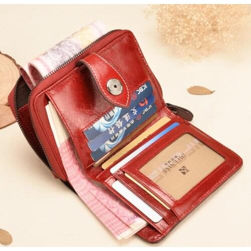New 100% Genuine Leather Womens Short Wallet Two fold Woman Hand Zipper Purse Retro Card Holder