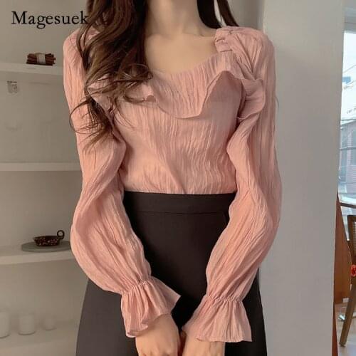 Summer Ruffle Pleated O Neck Blouse Women Lace Up 2021 New Fashion Puff Sleeve Clothing Solid Casual Vintage Female Shirts 13865