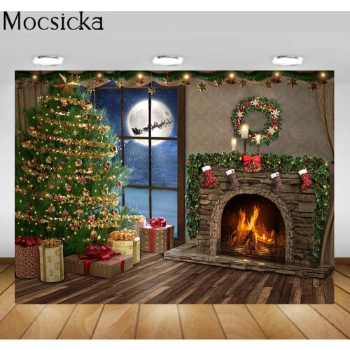 Mocsicka Christmas Backdrop 2021 Christmas Tree Lights Gifts Wood Fireplace Moon Baby Portrait Photography Background Photocall