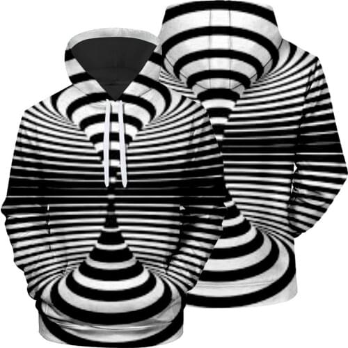 MenS Black And White Spiral Swirl Creative Printing Personalized 3D Digital Top Casual Hooded Pullover