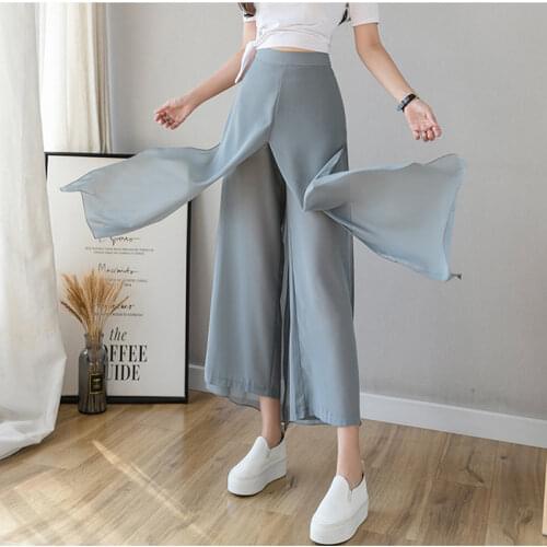 2021 Summer New Drape Chiffon Black Wide-leg Pants Womens Nine-point Loose Hakama Girls Gift Trousers Clothes Outdoor Wear Top