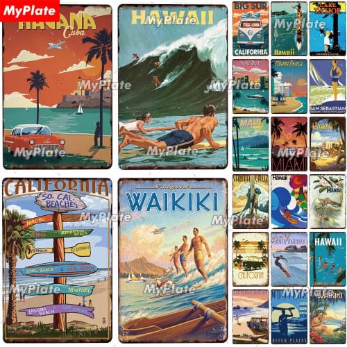 Beach City Tin Signs Vintage Metal Sign Plaque Wall Decor for Garage Bar Pub Man Cave Decorative Plate Iron Beach Painting