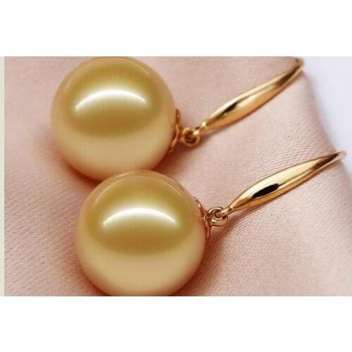 A pair 10-11mm AAA south sea round gold pearl dangle earrings14k