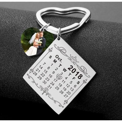 Personalized Calendar Keychain Custom Photo Engraved Date Heart Keyring Stainless Steel Couple Wedding Anniversary Jewelry Gift
