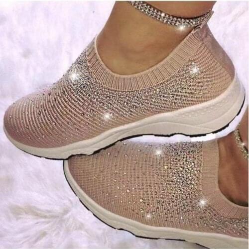 Large Size Fly Woven Sports Shoes with Drill New Type Net Shoes Womens Shoes Low Heel Net Yarn Sports Casual Shoes