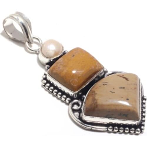 Genuine Jasper + Pearl Pendant Silver Overlay over Copper , Hand made Women Jewelry gift, P9027