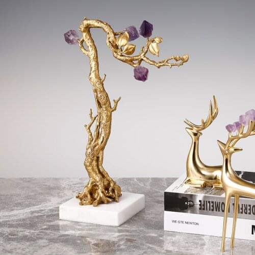 Luxury Brass Old Tree Root Figurines Natural Amethyst For Living Room Entrance Hall Lucky Home Decoration Ornaments Accessories