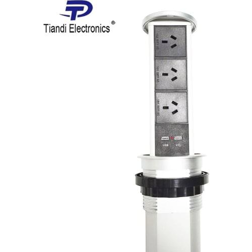 Silver gas spring lift power outlet USB charger pneumatic pop up tabletop socket 3-bit customizable jack with cable wire 1.5m
