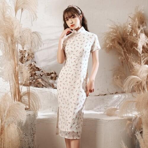 Modern Summer Chinese Style Mandarin Collar Qipao Lace Floral Print Cheongsam Traditional Ladies Clothes Vestido Plus Size 3XL