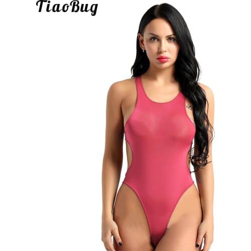 TiaoBug Women One-Piece See Through Sheer Lingerie Scoop Neck Sleeveless High Cut Backless Leotard Bodysuit Swimsuit