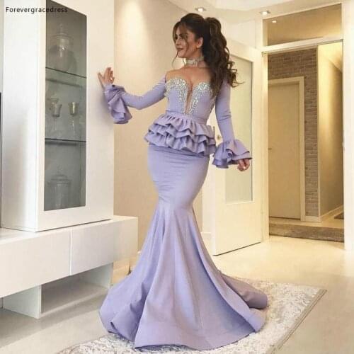 2019 Lilac Lavender Evening Dress Mermaid Peplum Tired Long Sleeves Holiday Wear Pageant Prom Party Gown Custom Made Plus Size