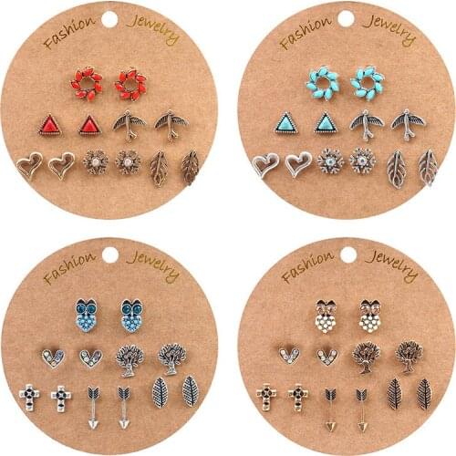 Vintage Boho Flower Leaf Earrings ethnic Heart Earrings Set For Women Brincos Crystal Owl Earring Female Fashion Jewelry