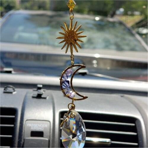 Sun Crescent Moon Star Rearview Mirror Car Charm Crystal Suncatcher Car Accessories Hanger Rainbow Maker Violet Purple Stone